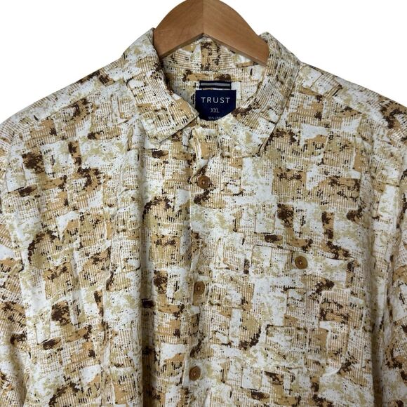 TRUST Mens Size XXL Linen Rayon Button Up Shirt Short Sleeve Tan Beige Brown - Picture 1 of 10